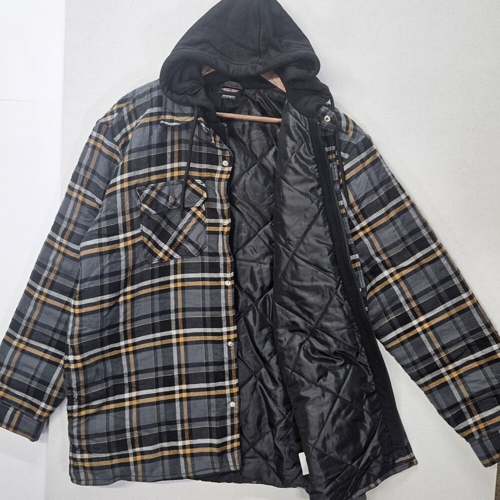 Dickies Shirt Jacket Men's XL  Gold/Tan Plaid‎ Solid Black Hood Outdoor Workwear